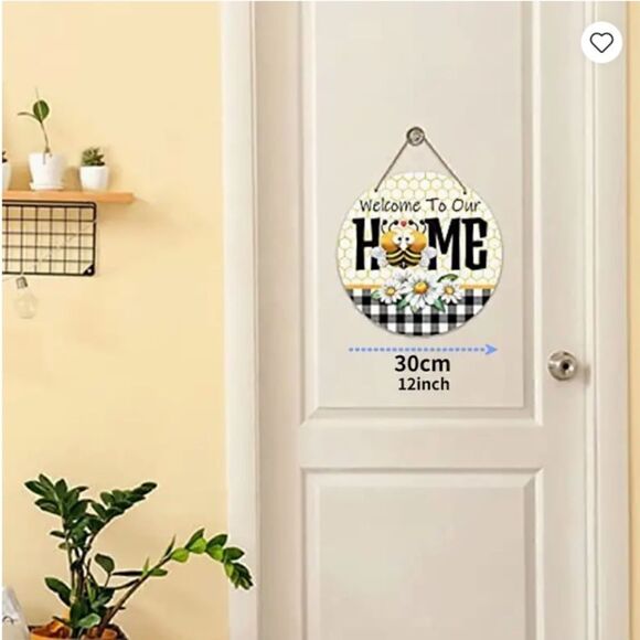 NEW! Farmhouse Honey Bee Welcome Round Wooden Door Wall Sign Buffalo Plaid - Picture 4 of 4